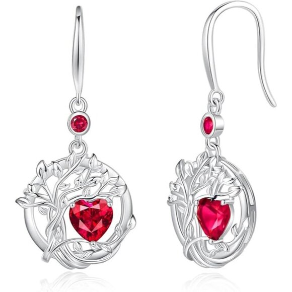 Jul.-Ruby Tree of Life Dangle Drop Birthstone Silver Earrings